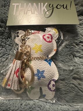 White Multicolor Bear Tassel Keychain with Gold Hardware